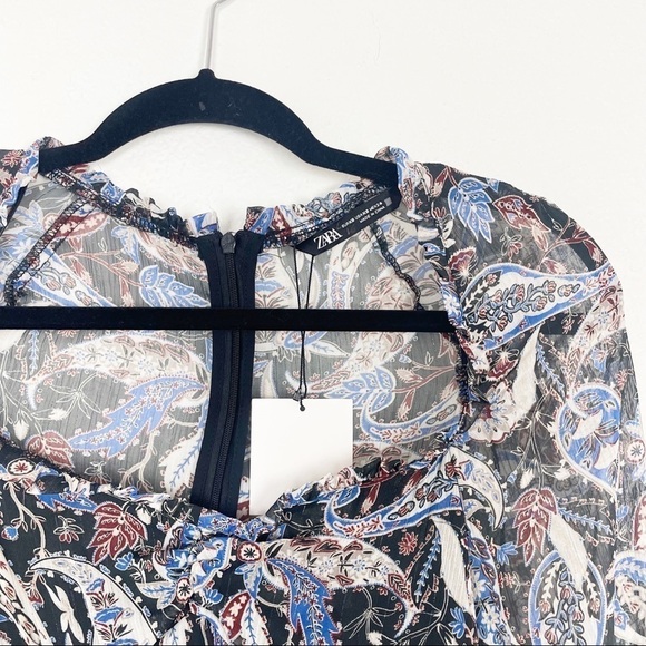 Zara Paisley Print Ruched Mini Dress XS Blue Black Casual Cocktail Party - Picture 9 of 11